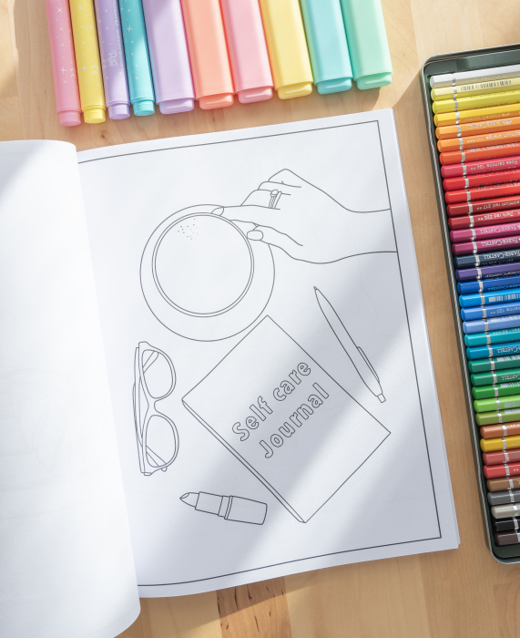 The Aesthetic Minimalist coloring book interior with flat lay illustration
