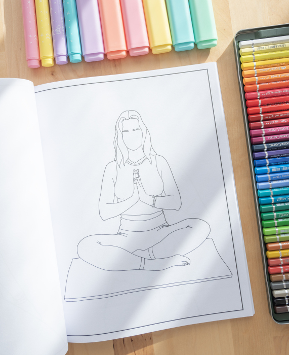 The Aesthetic Minimalist coloring book interior page with yoga woman illlustration
